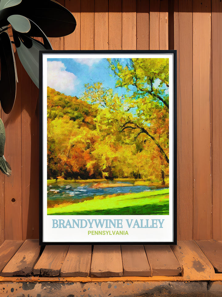 This art print captures the essence of Pennsylvanias natural beauty, featuring the serene trails of Brandywine Creek State Park and the picturesque countryside of Brandywine Valley, perfect for adding a touch of tranquility to your decor.