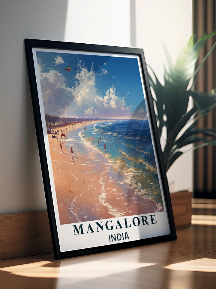 This travel poster of Mangalore and Panambur Beach highlights the citys coastal charm and the beachs tranquil atmosphere, making it an excellent piece for those who admire Indian coastal landscapes and cultural richness.