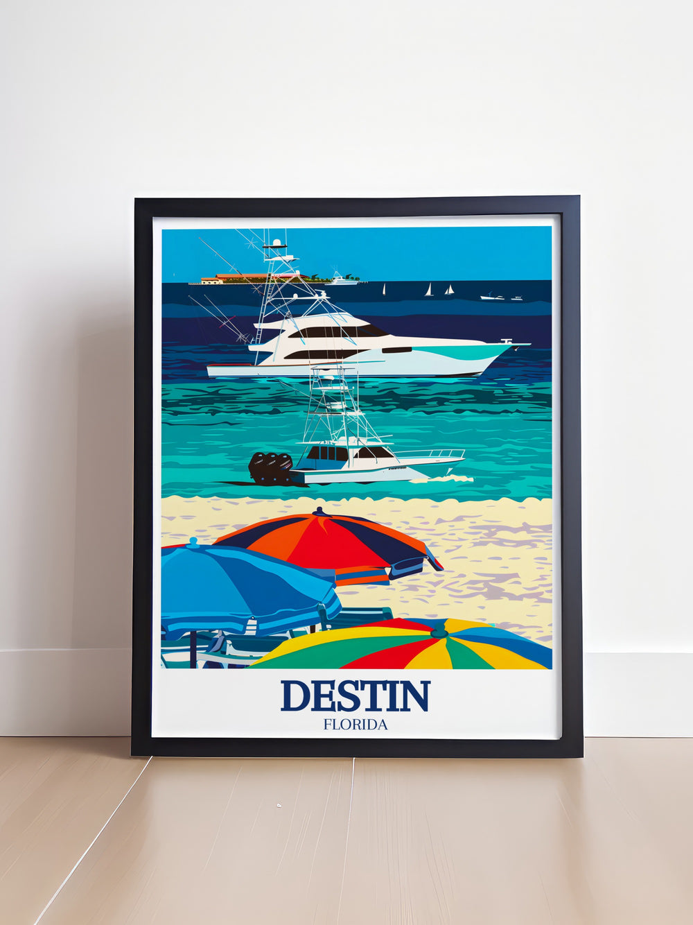 Florida coastal decor print featuring the Destin Harbor and the stunning waters of the Emerald Coast. This travel poster captures the essence of a perfect beach day, making it a must have for your vacation home or beach themed decor.