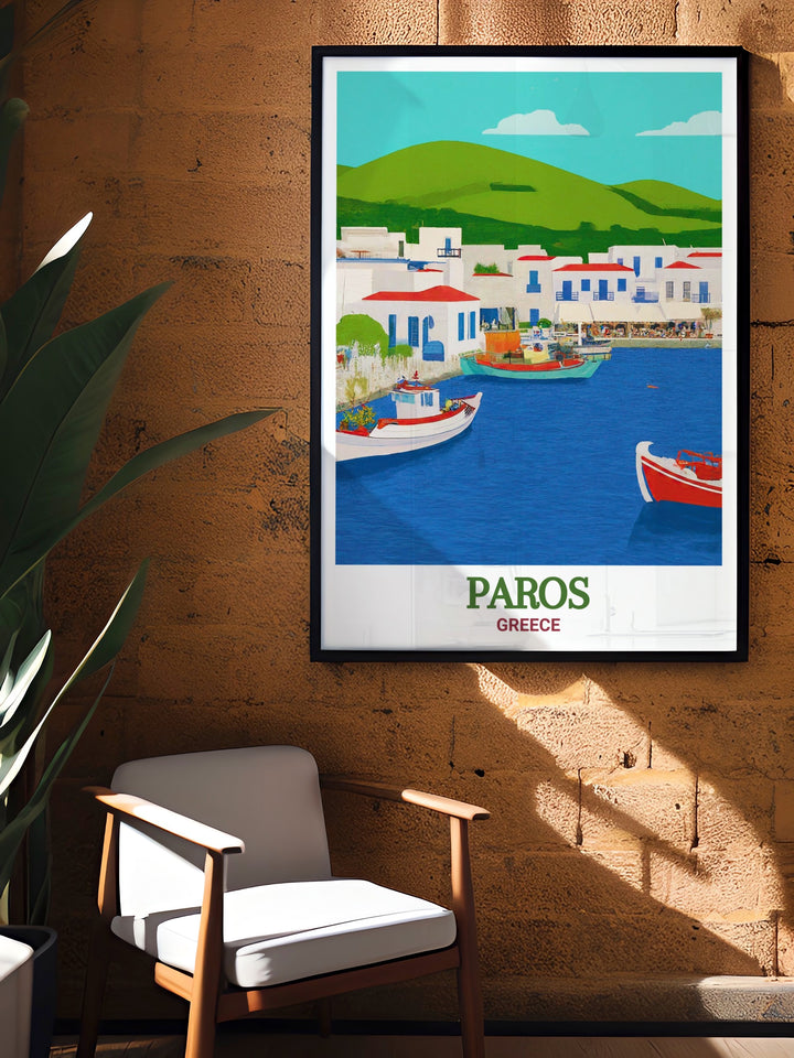 Capture the serene beauty of Naoussa Harbor on Paros with this vibrant poster print, featuring the classic whitewashed buildings and colorful boats that define this iconic Greek island village. Perfect for adding a touch of Mediterranean charm to any space.