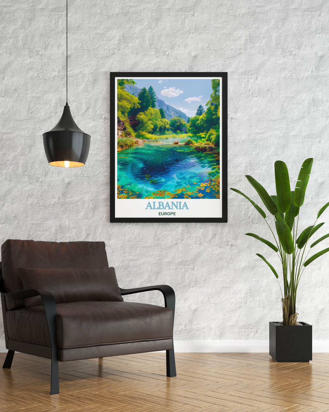 Modern Albania Art Print focusing on Syri i Kalters stunning vistas and clear blue waters with intricate details perfect for enhancing home decor adding a touch of elegance to any space or serving as a memorable gift for Christmas or other celebrations