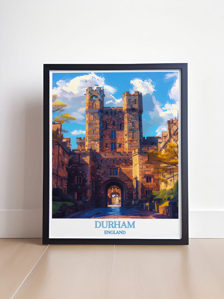 This travel poster captures the historic beauty of Durham Castle, highlighting its medieval architecture and rich history, perfect for enhancing your home decor.
