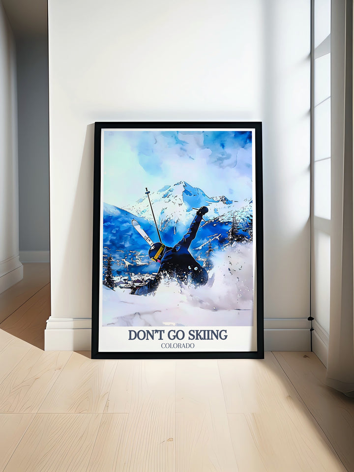 A vintage ski poster featuring the beautiful snowy peaks of Aspen, Colorado, USA. Perfect for home decor, this skiing wall art captures the charm of the iconic ski resort, making it a great gift for winter sports enthusiasts and fans of retro designs.