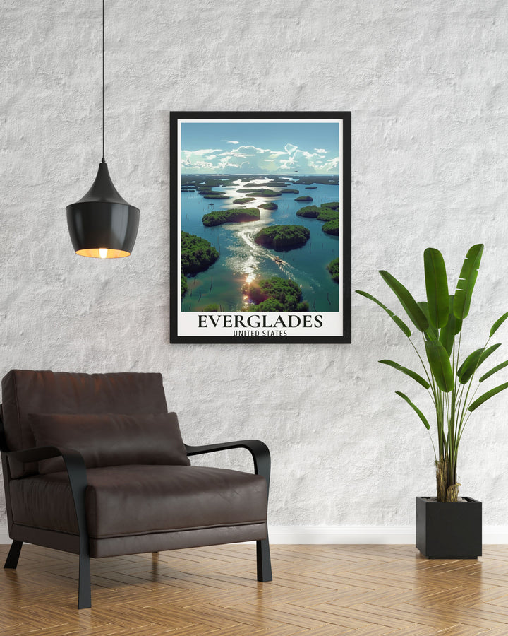 Florida Poster capturing the breathtaking scenery of the Everglades. Perfect for nature enthusiasts and travelers. This print highlights the unique beauty of the National Park and includes the picturesque 10 thousand islands.