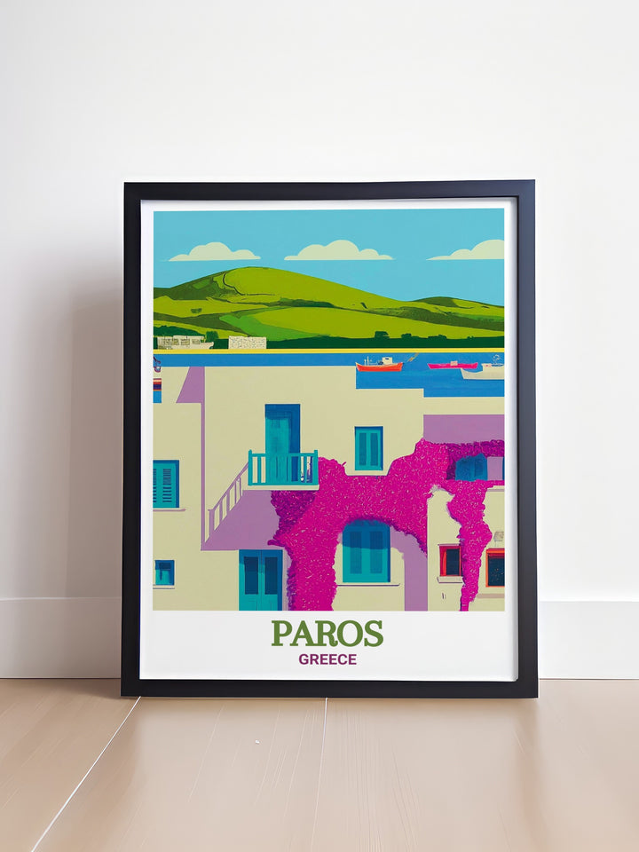 Immerse yourself in the charm of the Cyclades with this framed art of Parikia, Paros. The artwork captures the timeless beauty of the towns whitewashed buildings and cobblestone streets, ideal for adding a touch of Greece to your decor.