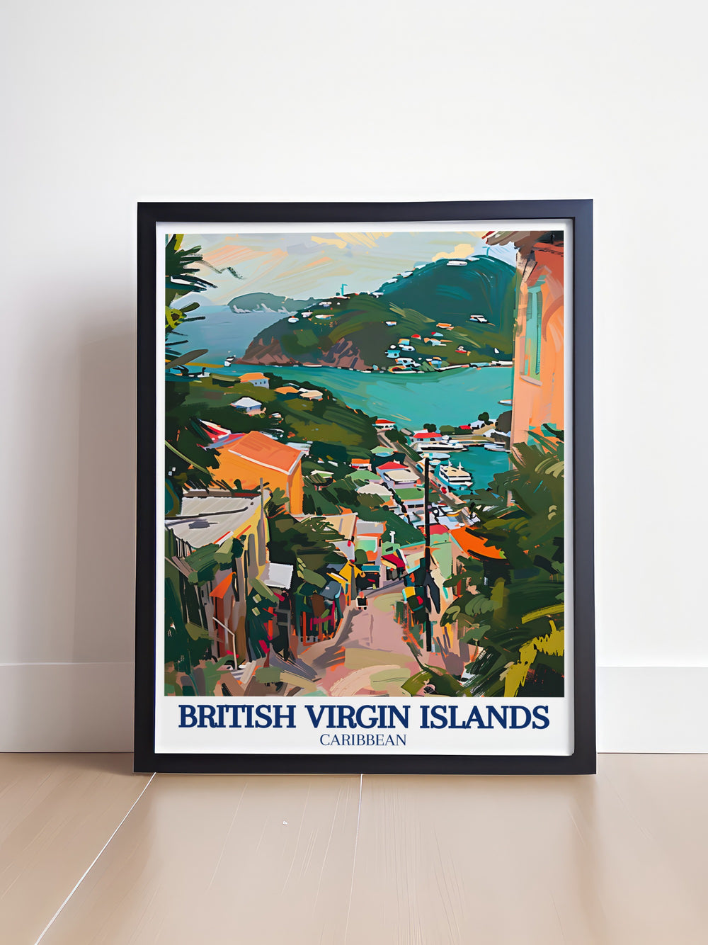 A stunning art print of the British Virgin Islands showcasing the serene beauty of Tortolas beaches and the vibrant culture of Road Town. Perfect for home decor, this travel poster captures the essence of the Caribbean and is an ideal gift for travelers.