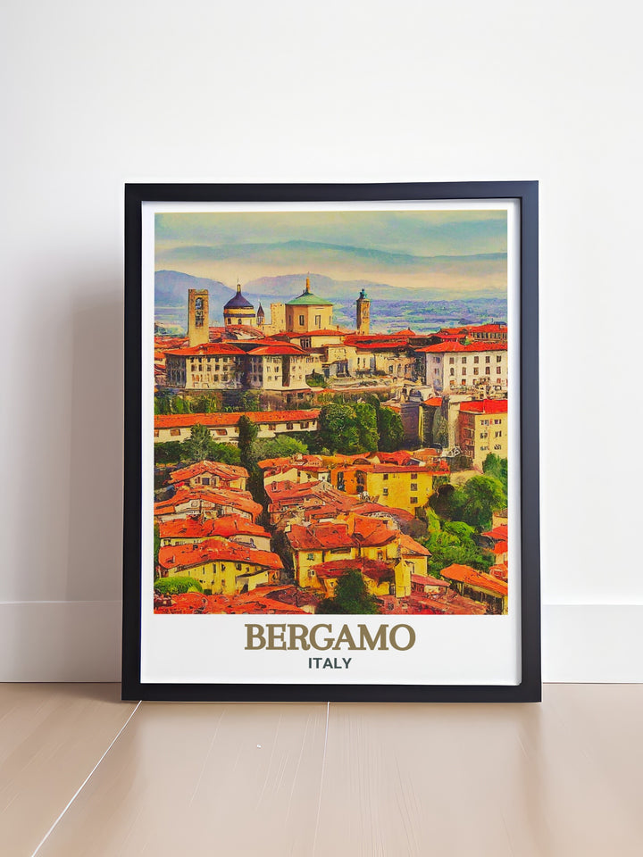 Breathtaking travel poster of Bergamos Città Alta. Capturing the vibrant essence and intricate details of this historic area. Perfect for adding a touch of Italys charm to your home decor. High quality print on professional matt archive paper.