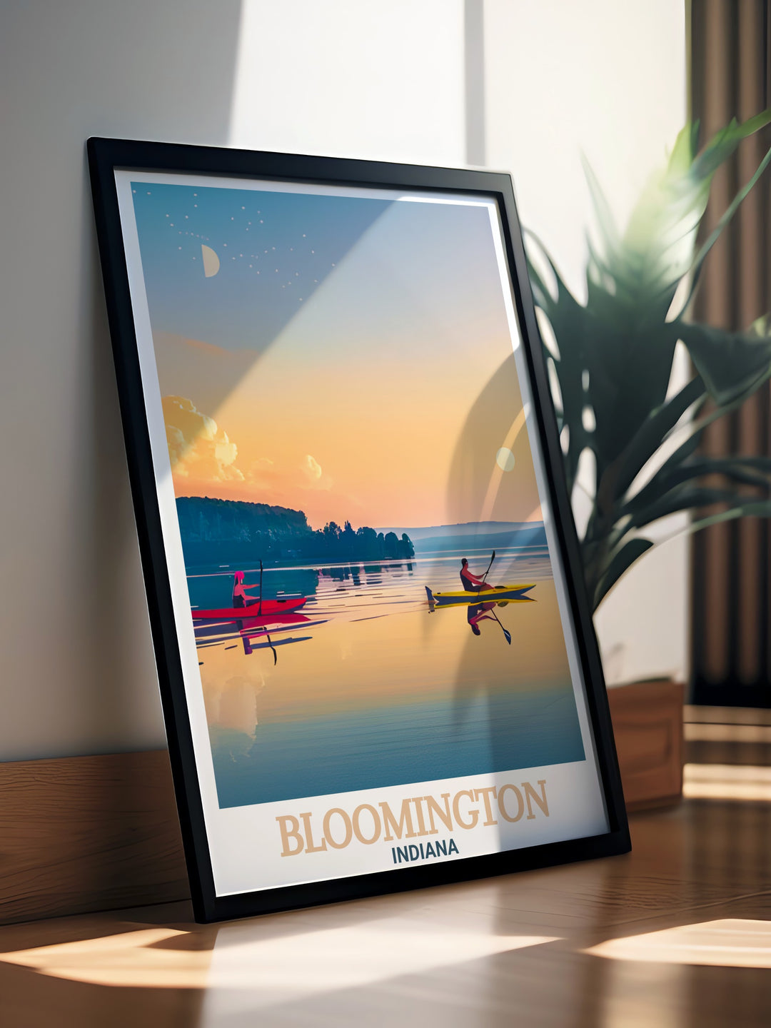 Bloomington Indiana Lake Monroe travel poster print featuring the citys skyline and map integrated into the design adding a unique touch to the vintage poster perfect for any decor style and personalized gifts