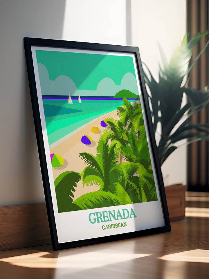 Fine line print of Grand Anse Beach in Grenada, highlighting the gentle waves and lush landscapes of this captivating beach. A beautiful piece for any art collection.