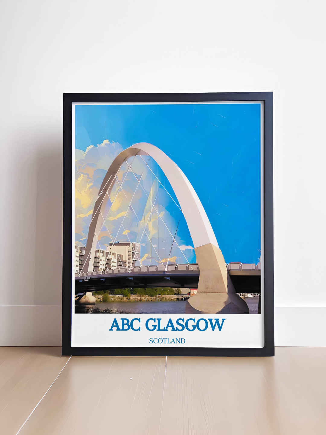 Framed print of The Clyde Arc highlighting its sleek architectural design complemented by Glasgows renowned venues like ABC Glasgow.