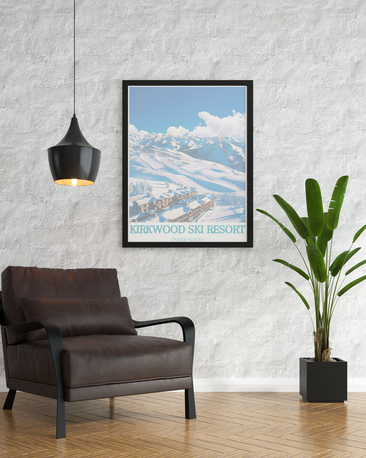 Charming winter print of Kirkwood Mountain Resort with its snow covered slopes and vibrant winter landscape. The print highlights the serene beauty of the resort and is a perfect addition to any winter themed home or office decor.