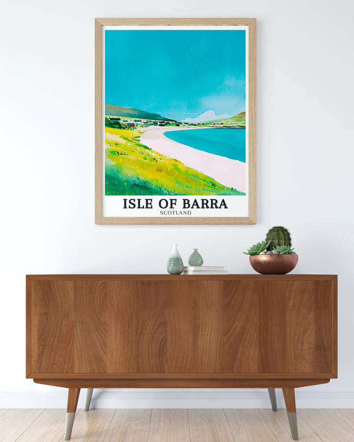 Celebrate the beauty of the Isle of Barra with this travel poster, featuring the calm and expansive Traigh Mhor Beach. Ideal for coastal enthusiasts and Scotland lovers, this art print captures the essence of Scotlands Outer Hebrides and brings a peaceful touch to your space.