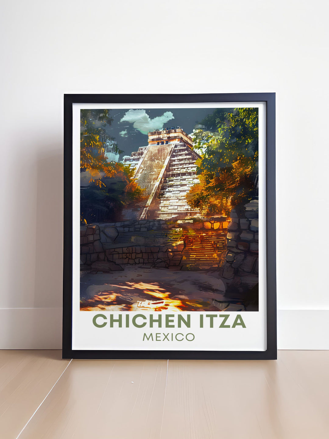 Immerse yourself in the history of Chichen Itza with this vibrant travel poster. A perfect addition to your Mexico decor collection. This Chichen Itza print captures the essence of ancient Mayan architecture and is perfect for home decor or as a gift.