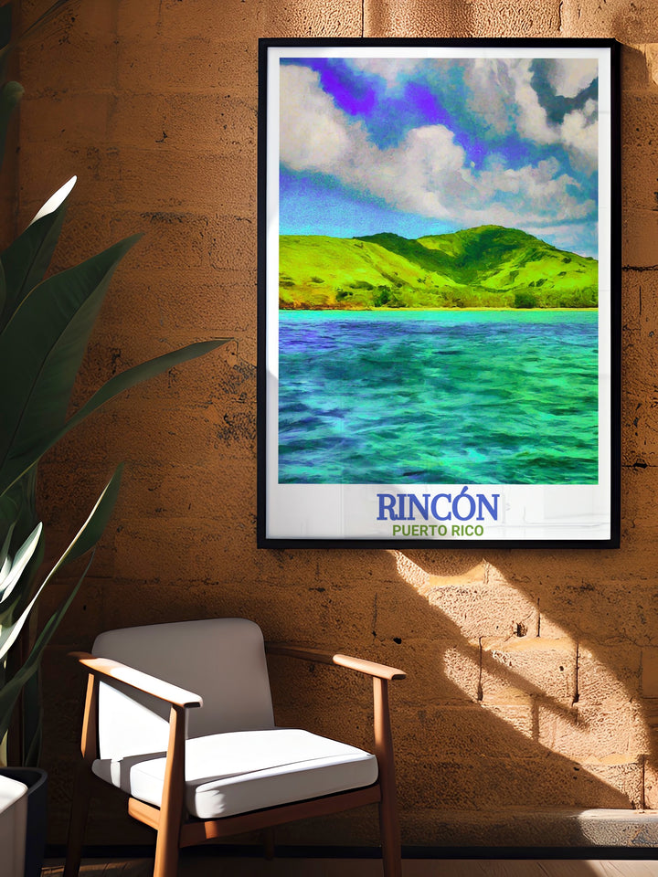 Rincón Beach art print capturing the picturesque views of the beach and Desecheo Island off the coast of California. Perfect for those who want to bring the feel of a peaceful beach day into their home or office décor.