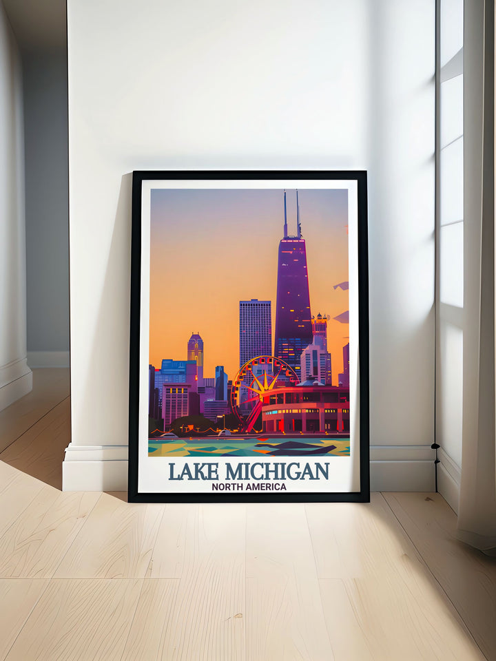 Lake Michigan Poster Print featuring Navy Pier brings a vintage and minimalist touch to your home decor. This travel poster is perfect for those who love Great Lakes Art and want to personalize their space with a stunning wall art piece.