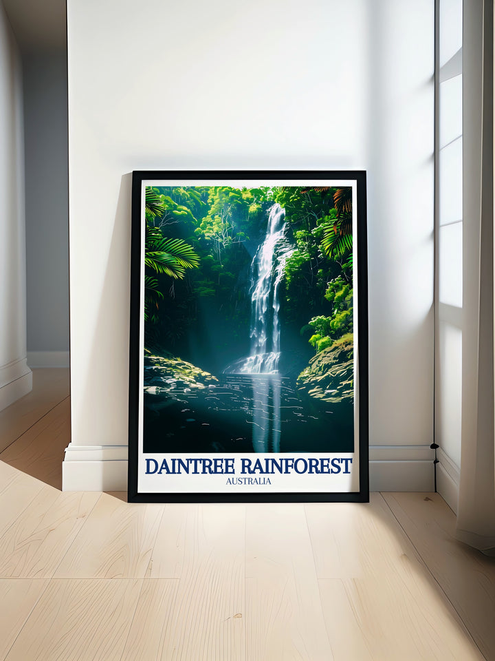 Daintree Travel Poster showcases the stunning landscapes of the Daintree Rainforest, with the calming waters of Spring Creek Falls and the breathtaking views of Mowbray Valley. This canvas art is perfect for adding a serene, natural touch to any living space.