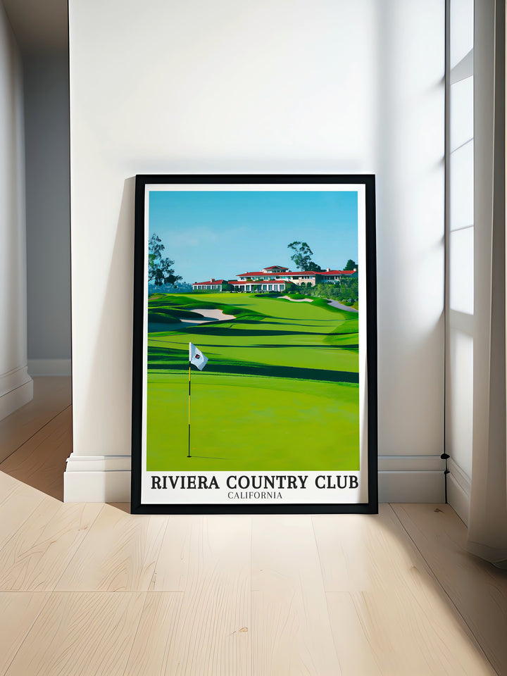 A detailed art print of Riviera Country Club, highlighting the historic 18 hole course and the beautiful Riviera Club House. With Pacific Palisades as the backdrop, this piece is a must have for golf fans and art collectors alike.