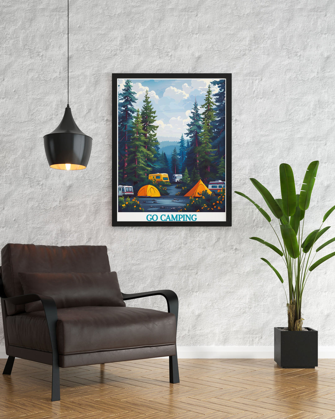 Vintage travel poster of a camper van in a forest, celebrating the charm of retro camping and the joy of exploring nature, perfect for adding a nostalgic touch to your decor.