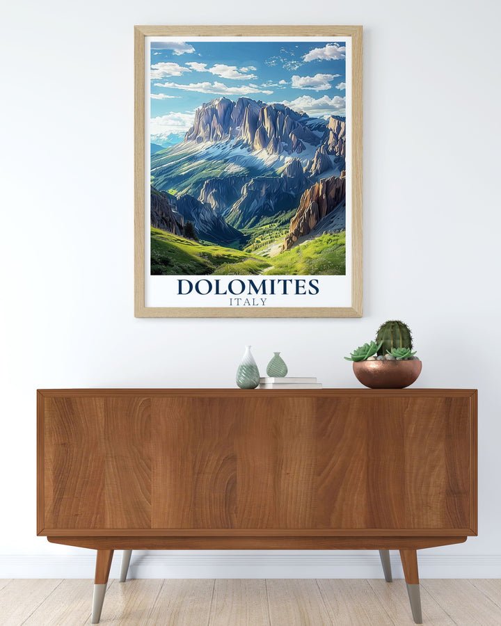 Unique Sella Group Poster highlighting the breathtaking landscapes of the Dolomites Italy. This Italy travel print is ideal for home decor and gifts. Bring the beauty of the Italy mountains into your home with this stunning wall art.