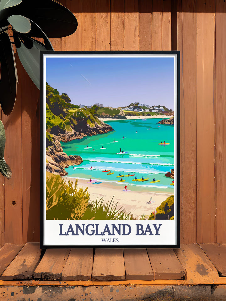 Caswell Bay Wall Art features the stunning seaside landscape of the Gower Peninsula, with its gentle waves, sandy beaches, and surrounding hills. This travel poster is a perfect addition to any home, offering a relaxing reminder of Wales coastal beauty.