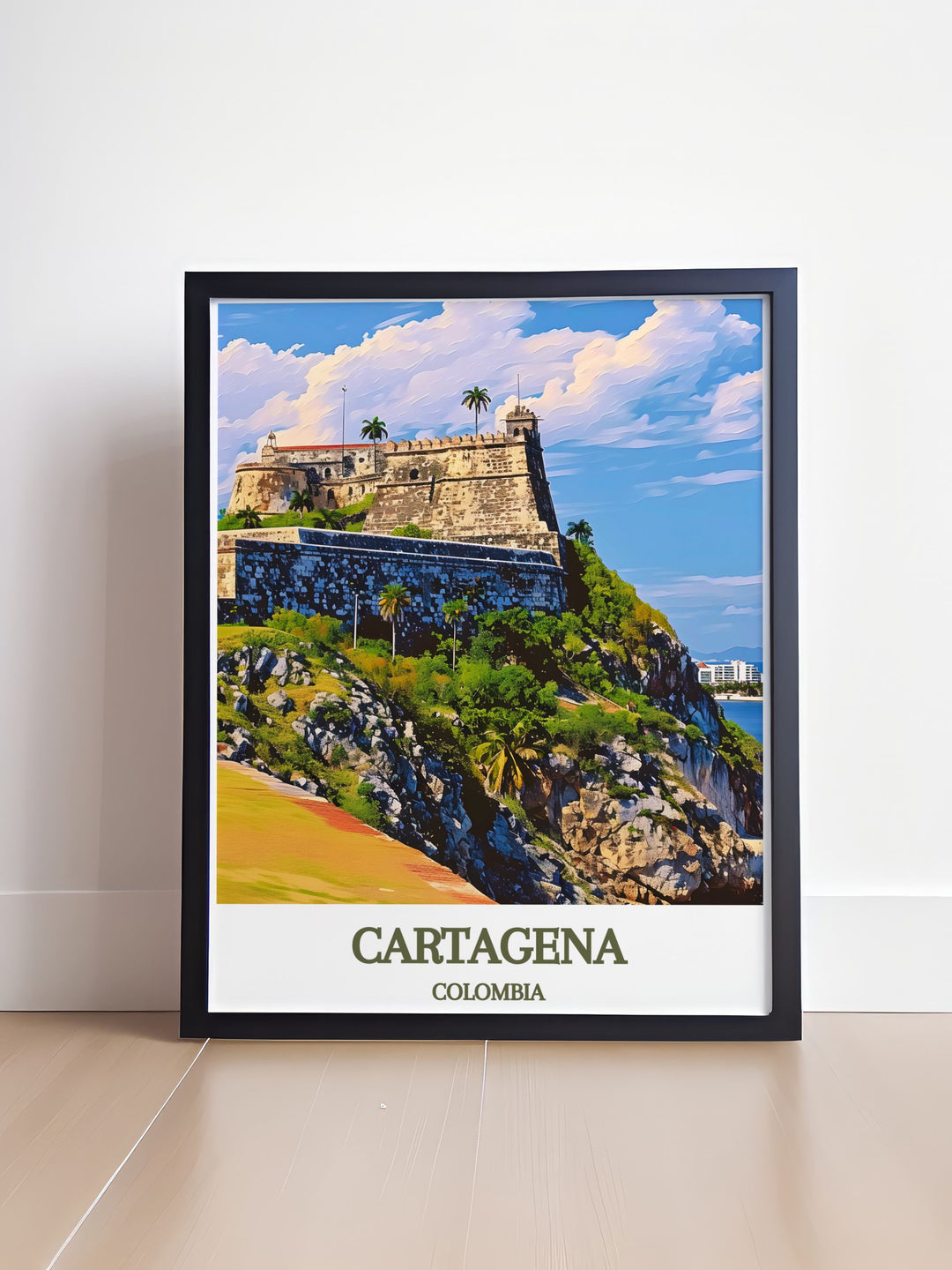 The historic Castillo de San Felipe de Barajas is beautifully depicted in this travel poster, showcasing its robust fortifications and panoramic views. Bring a touch of Colombias military heritage into your living space with this stunning artwork.