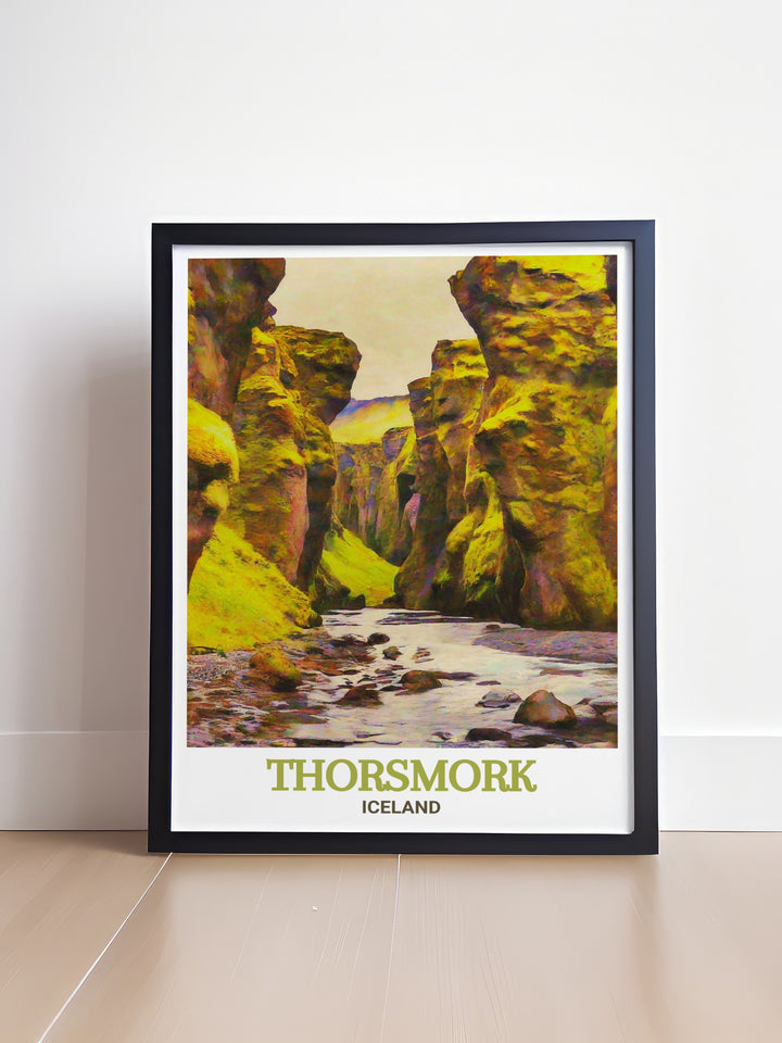 This print of Thorsmork and Stakkholtsgjá Canyon highlights the untouched beauty of Icelands wilderness, offering a glimpse into its remote and rugged terrain.