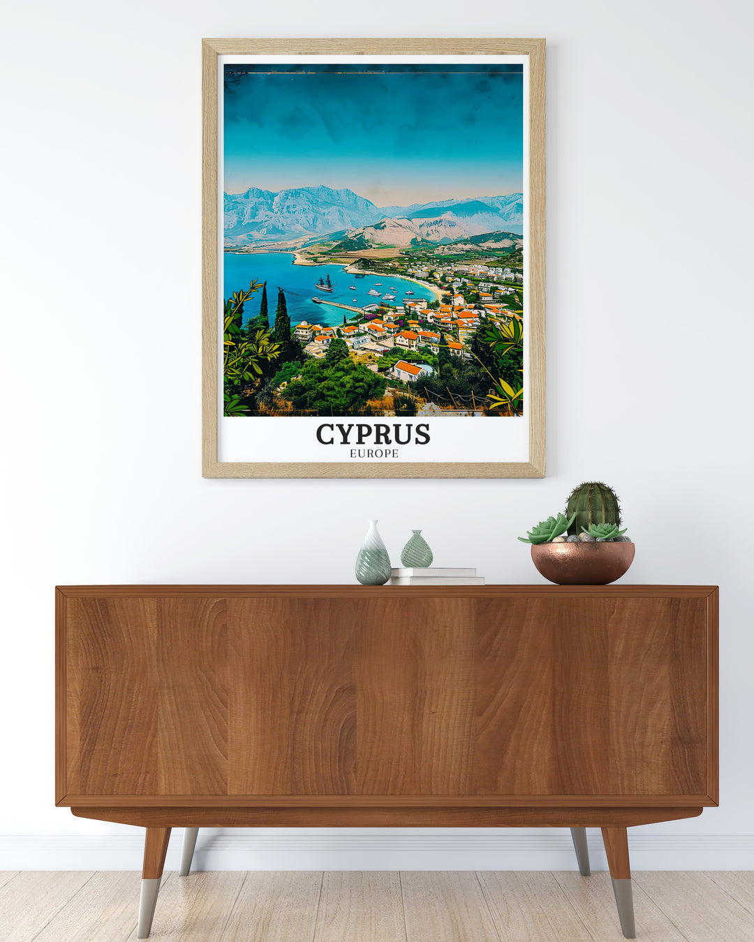 This framed art of Paphos, Cyprus, blends historical ruins with modern Mediterranean beauty, offering a perfect representation of one of the islands most iconic destinations. Ideal for those who appreciate both history and natural charm.