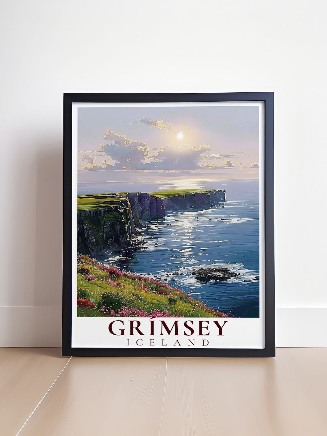 Highlighting the iconic Icelandic puffins on Grimsey Island, this travel poster captures the vibrant wildlife and natural beauty, perfect for nature enthusiasts and bird watchers.