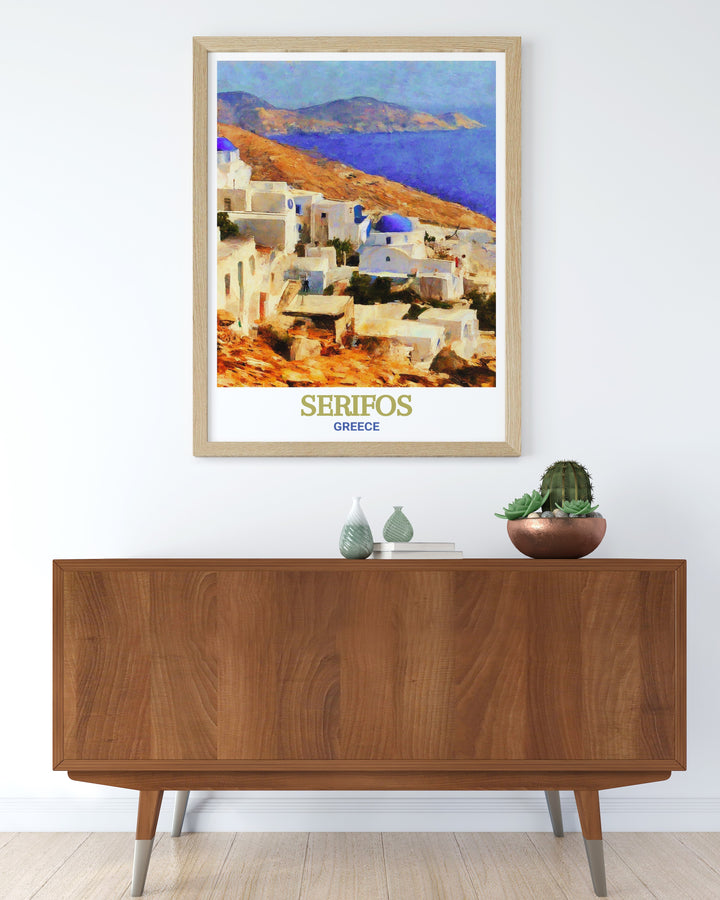 This Greece Travel Poster showcases the picturesque village of Chora on the island of Serifos. With its whitewashed houses and striking blue accents, this artwork brings the charm of the Greek islands into your home.