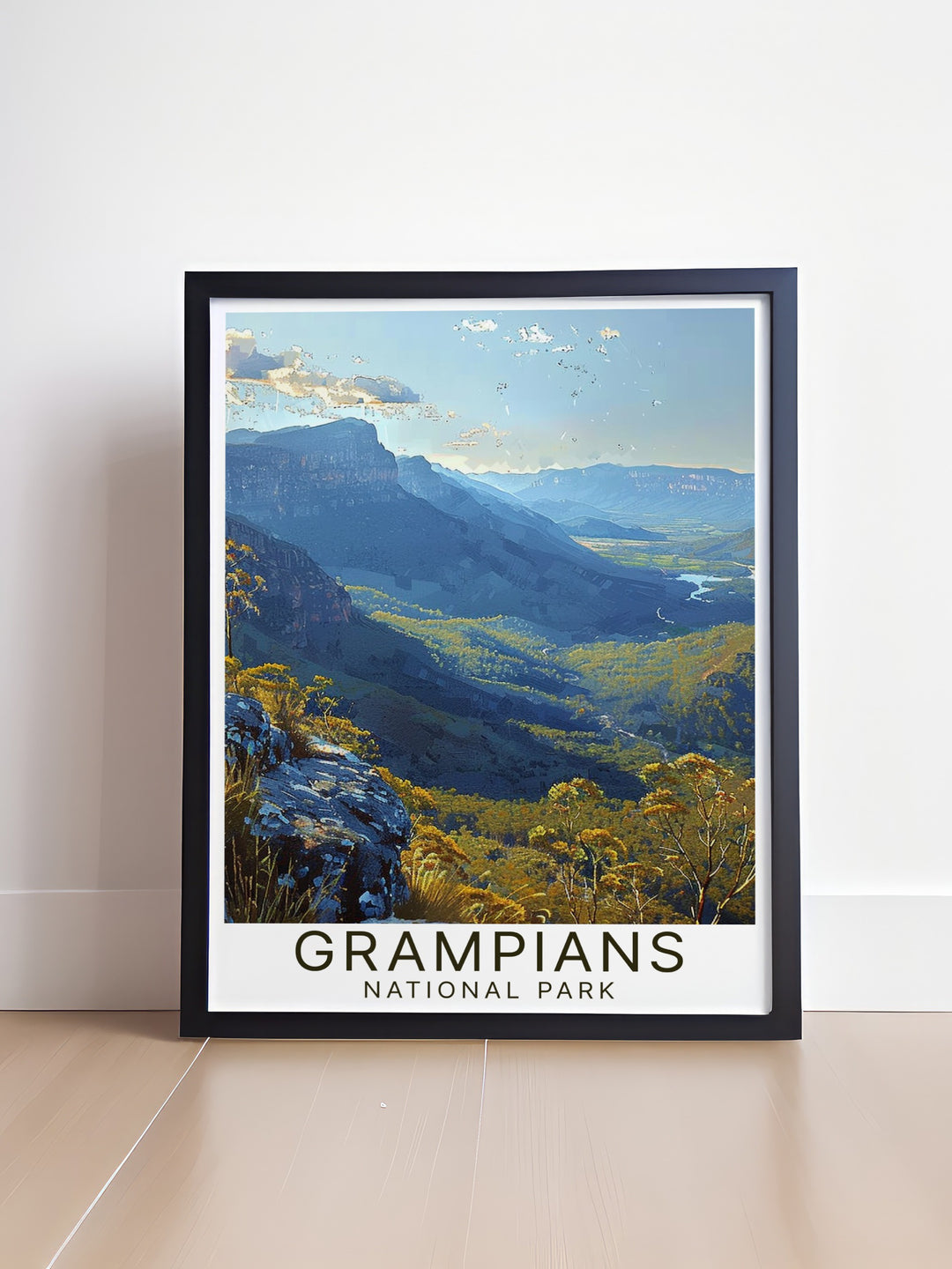 The Grampians travel print features the captivating beauty of the Australian wilderness, with Boroka Lookout at the heart of the design. This print highlights the vast mountain ranges and serene valleys, making it a perfect addition to any room for those who love travel and outdoor exploration.