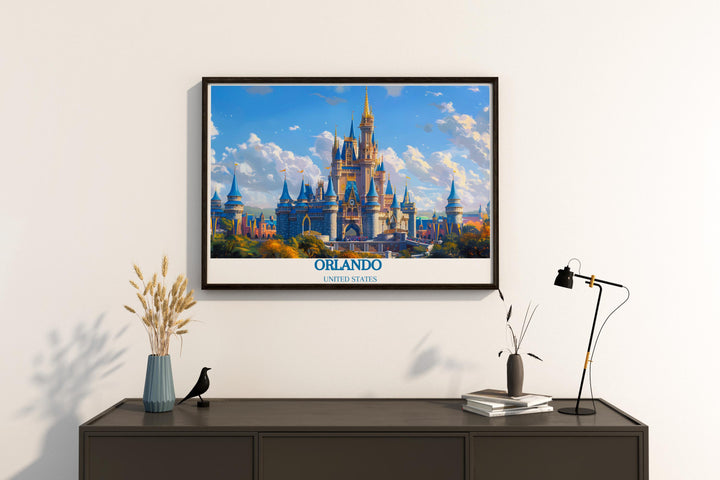 San Diego poster highlighting the dynamic spirit of Californias coastal city combined with Cinderella Castle stunning living room decor offering a harmonious mix of modern design and classic fairy tale magic that elevates the style of any space in your home