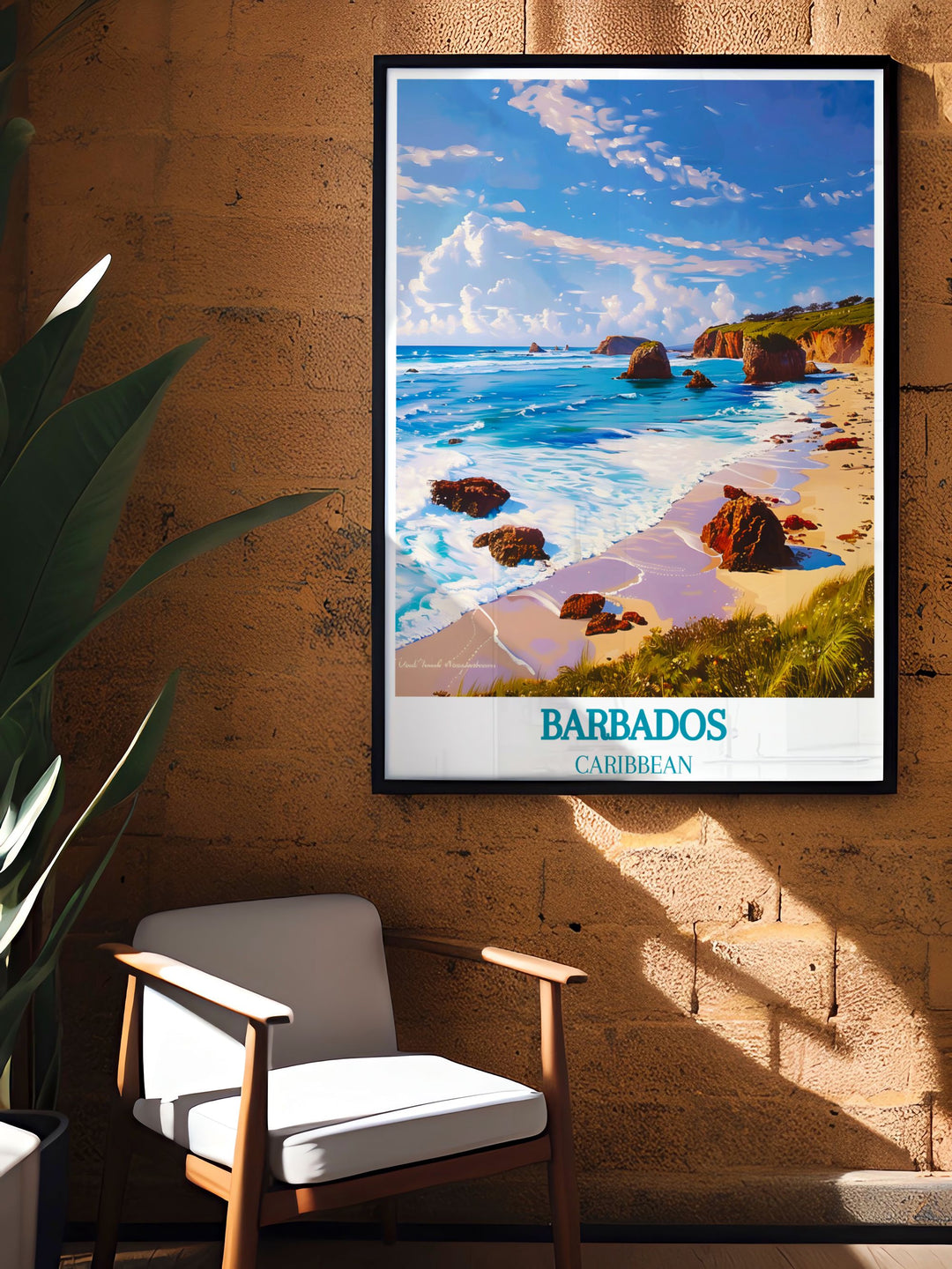 Barbados fine art print depicting a serene beach scene, with soft sands and clear waters, perfect for creating a relaxing and inviting environment.