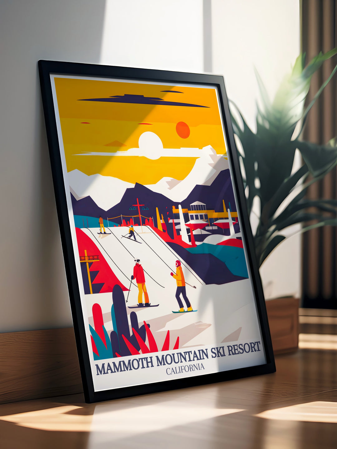 Highlighting the thrilling slopes of Mammoth Mountain, this poster print features the resorts famous halfpipe and the lively après ski activities. Perfect for ski lovers, this framed art brings a sense of adventure and fun, ideal for decorating any space with a love for the mountains.