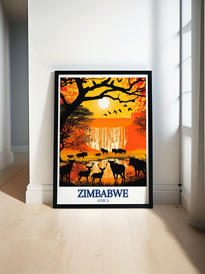 A breathtaking travel print of Zimbabwes Victoria Falls and Hwange National Park. This artwork brings the essence of Zimbabwes natural beauty into your home, offering a perfect gift for adventurers and lovers of African wildlife.