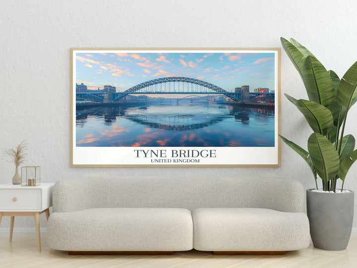 Tyne Bridge Poster showcasing the iconic architecture of Newcastle Upon Tyne with a view of the Millennium Bridge and Sage Gateshead. Perfect as a vintage travel print or retro wall art gift for any Newcastle enthusiast or architecture lover