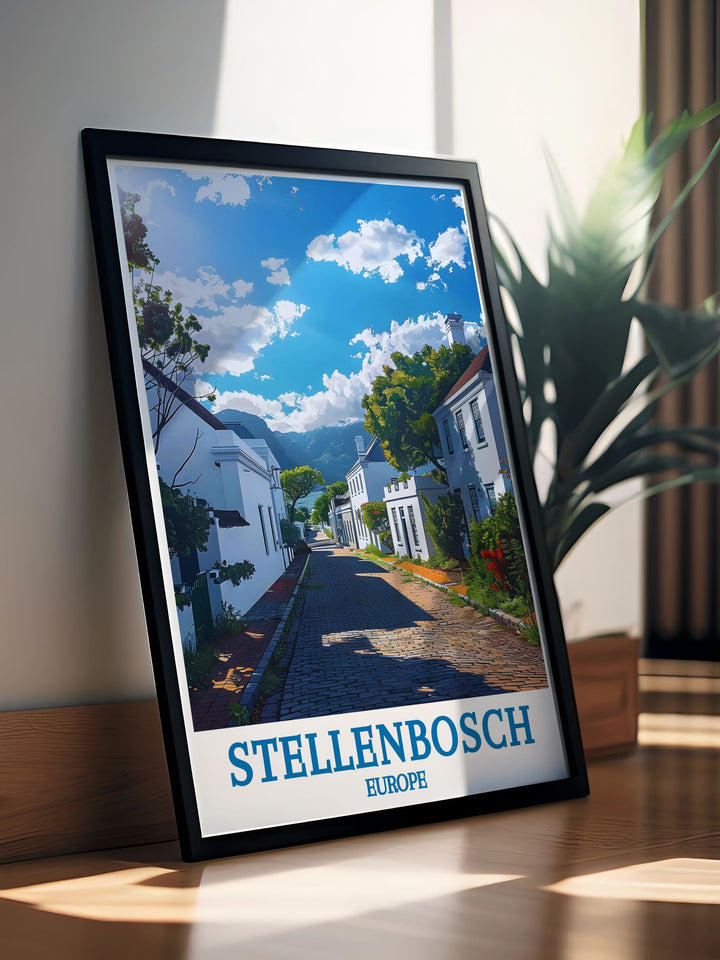 Explore the historic beauty of Dorp Street in Stellenbosch with this travel poster, capturing the scenic street lined with majestic oak trees and historic buildings.