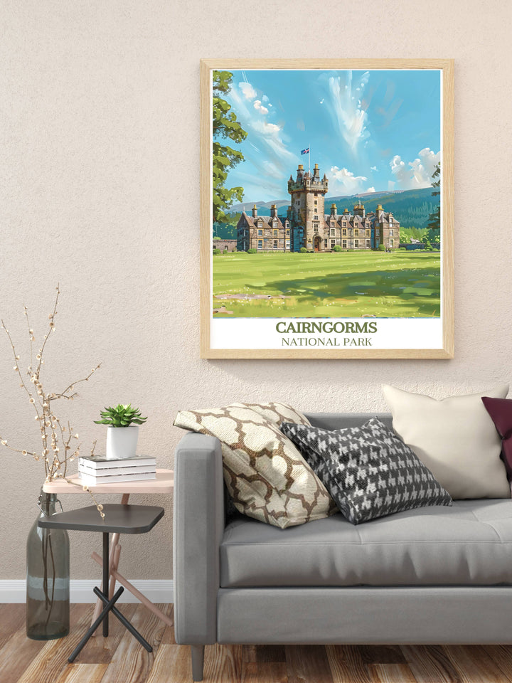 Scotland Painting of Balmoral Castle surrounded by the rugged beauty of the Cairngorms. This framed print captures the essence of the Scottish Highlands, making it an ideal piece for art collectors and travel enthusiasts