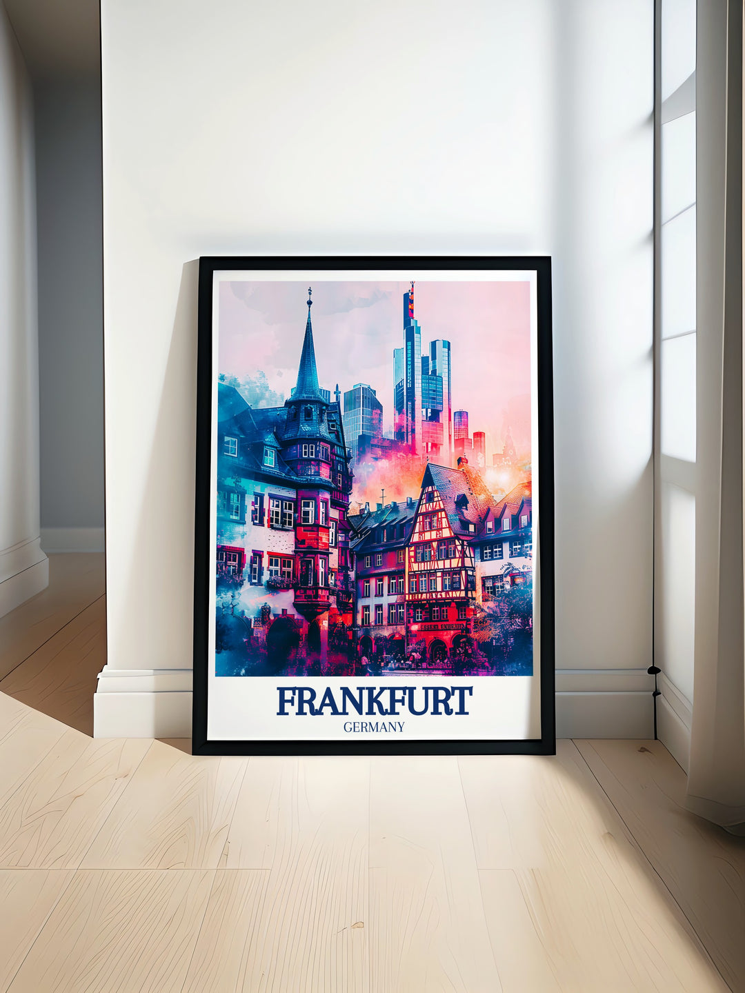 Frankfurt am Mains Römerberg square comes to life in this detailed art print, capturing the charm of its cobblestone streets and historic buildings. The print offers a window into the past, with the vibrant colors and architectural details making it a striking addition to any home decor. Ideal for history lovers and those connected to Frankfurt.