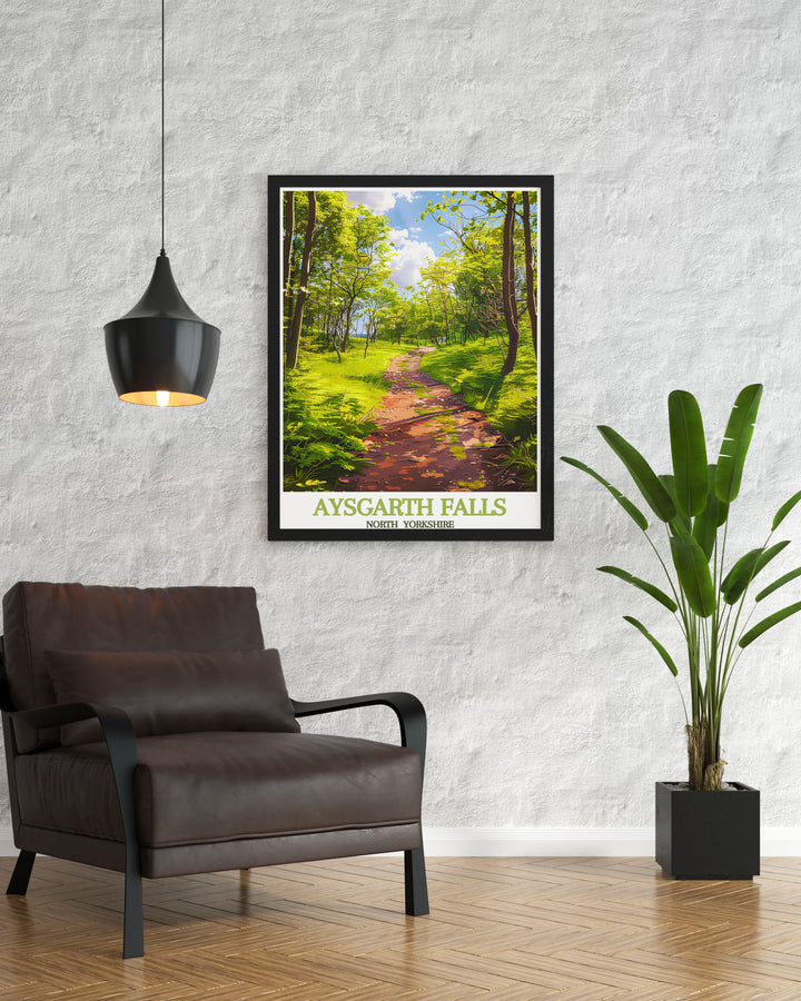 National Park poster of woodland trails in North Yorkshire capturing the essence of the Yorkshire Dales perfect for those who appreciate nature and scenic landscapes in their home decor.