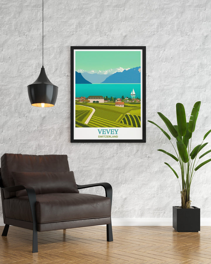 Switzerland travel print featuring both Vevey and Lake Geneva. The artwork beautifully captures the harmony of the towns architecture and the lakes peaceful stillness, making it a perfect addition to any travel art collection.