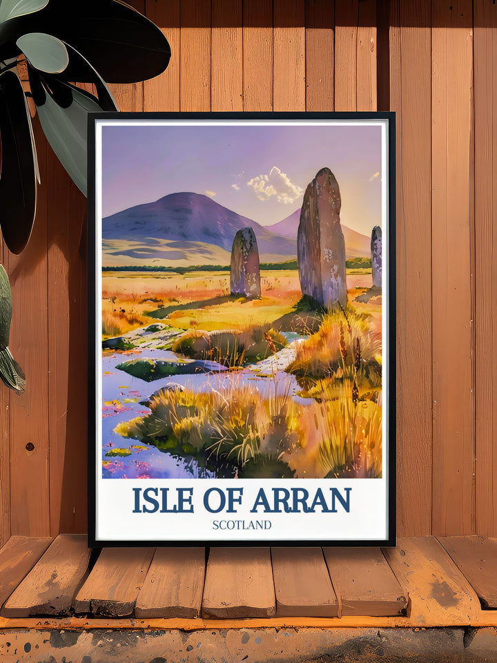 A stunning wall art piece showcasing the breathtaking scenery of Machrie Moor at sunrise. The vibrant hues and serene landscapes invite viewers to reflect on the magic of the Isle of Arran, making it a perfect addition to any decor.