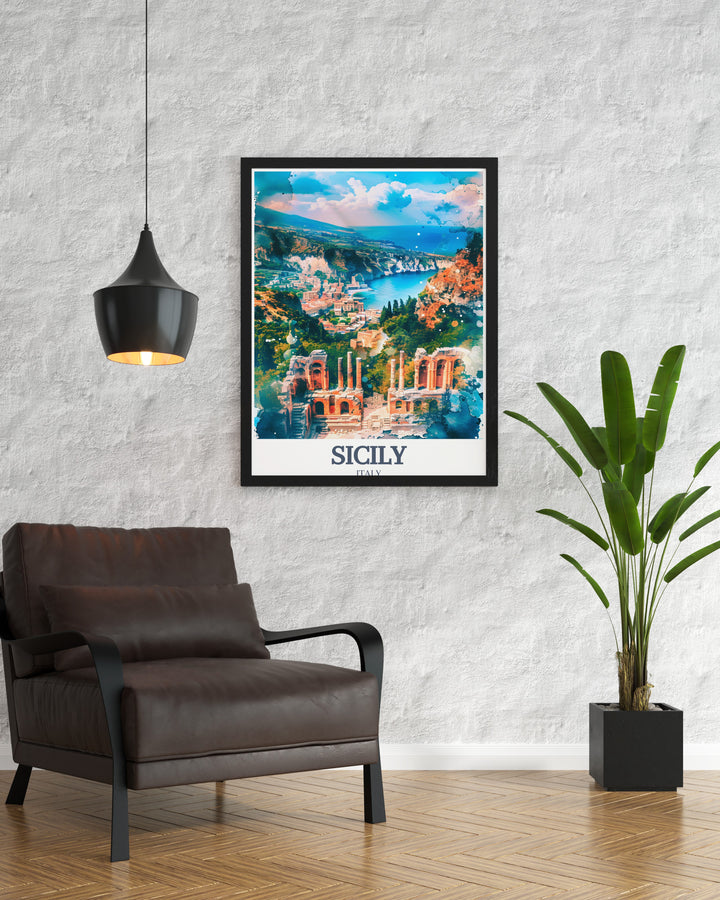 This Sicily travel poster celebrates the beauty of the Valley of the Temples and Teatro Antico di Taormina. A great addition to any home, it highlights the islands ancient architecture and stunning landscapes.