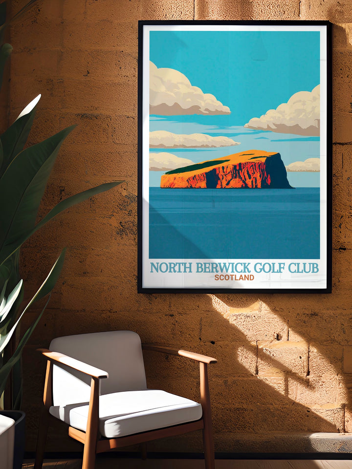 North Berwick Golf Club Travel Poster displaying the serene greens of one of Scotlands oldest golf courses with the majestic Bass Rock in the distance. This travel art is ideal for bringing a piece of Scottish heritage and coastal beauty to your living space.