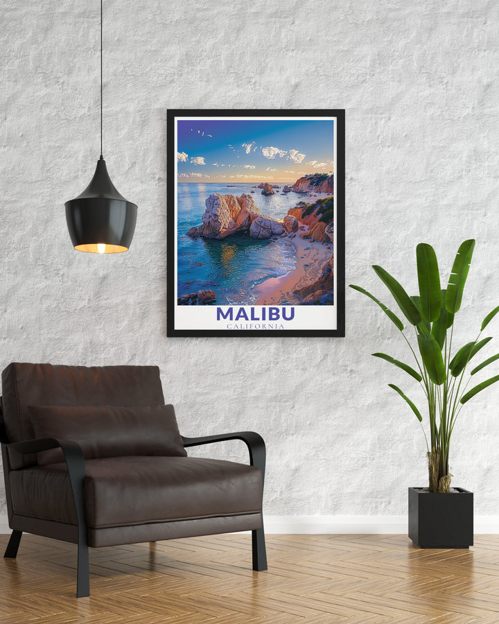 El Matador State Beach wall art paired with Malibu travel print offers a unique combination of beach and skyline decor adding a touch of coastal elegance to your home perfect for creating a calming atmosphere with minimal travel art