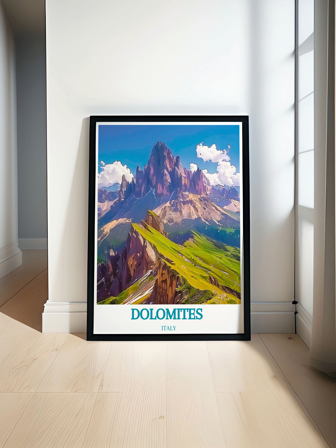 A detailed print of the Dolomites showcasing the dramatic alpine landscape and iconic views of Seceda, perfect for nature lovers and adventure enthusiasts.