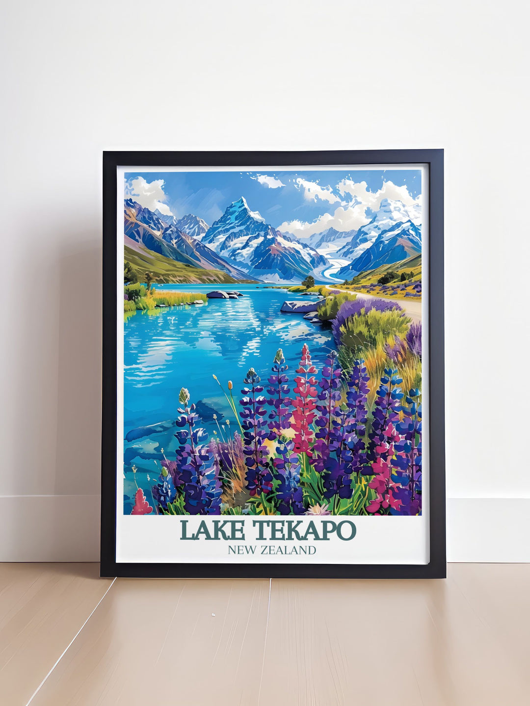 The dynamic energy of Lake Tekapo, known for its vibrant turquoise waters, is highlighted in this travel poster. Ideal for urban enthusiasts and nature lovers, this piece captures the lively spirit of one of New Zealands most famous lakes.