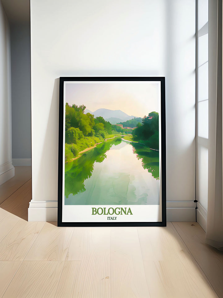 Captivating Bologna travel poster featuring the historic architecture and scenic landscapes of the Reno River, perfect for adding Italys cultural and natural charm to your decor.