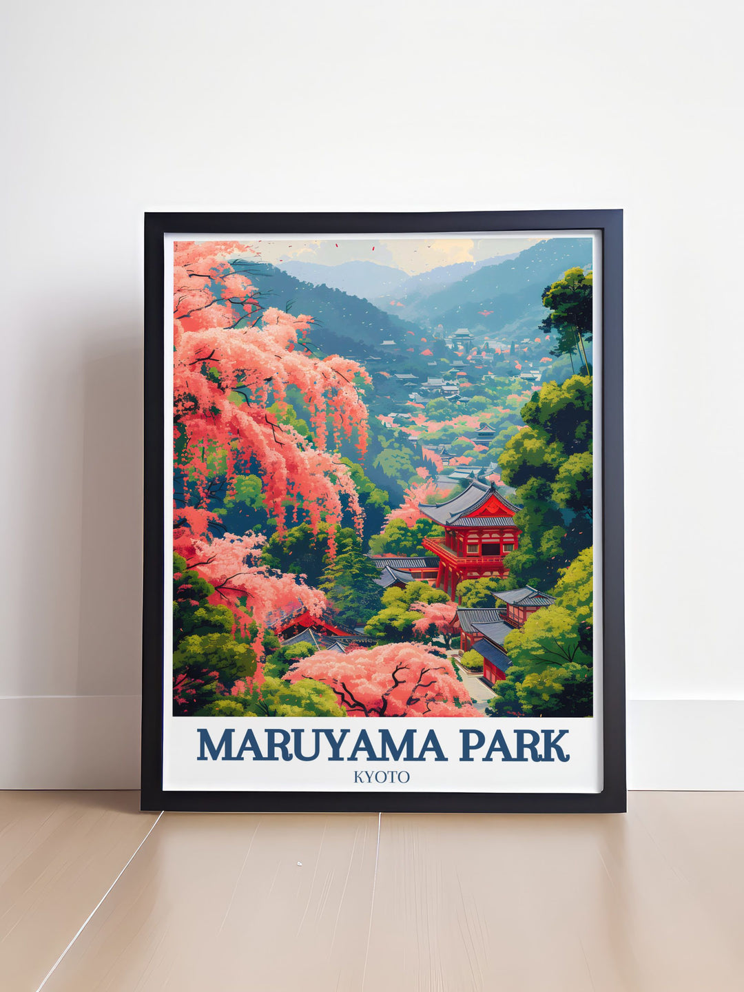 Elegant Japan art print featuring Kyoto Yasaka Shrine Shidare Zakuras picturesque cherry blossoms ideal for enhancing any living space this travel poster brings a sense of calm and tranquility to your home with its detailed depiction of a Japanese garden