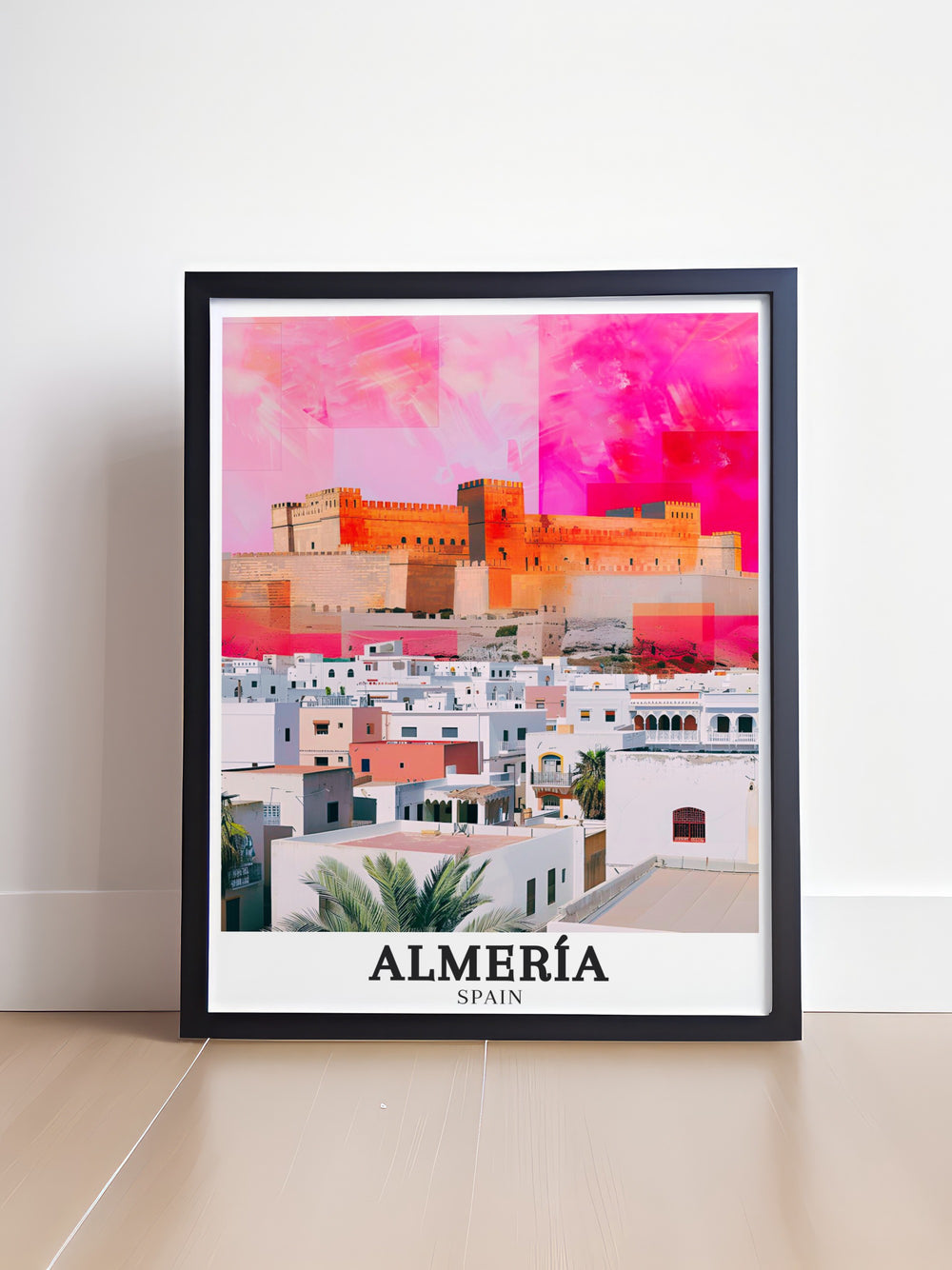 Alcazaba fortress canvas print showcasing the ancient Moorish architecture of Almería. This artwork beautifully illustrates the grandeur of the fortress and its surrounding landscapes, perfect for history lovers.