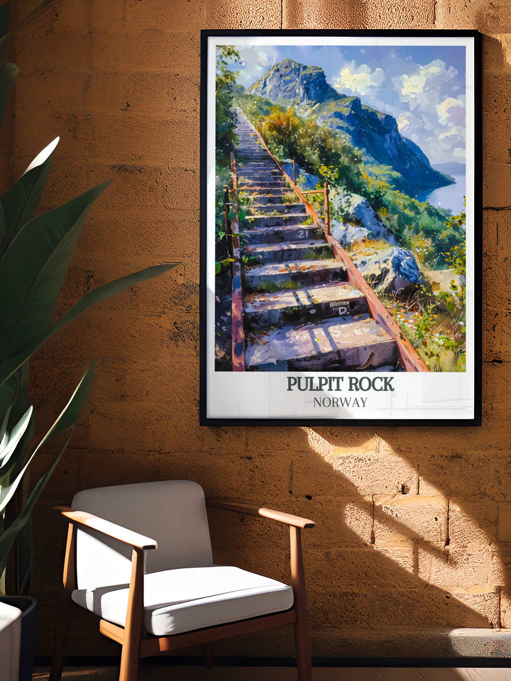 Retro travel poster of Pulpit Rock Norway complemented by Florlitrappene modern prints for elegant home decor and unforgettable gifts for nature lovers